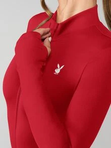 Missguided x Playboy 长袖修身连体裤，半拉链高领运动紧身衣，适合运动穿着。 - 紅白色 - 查看 5