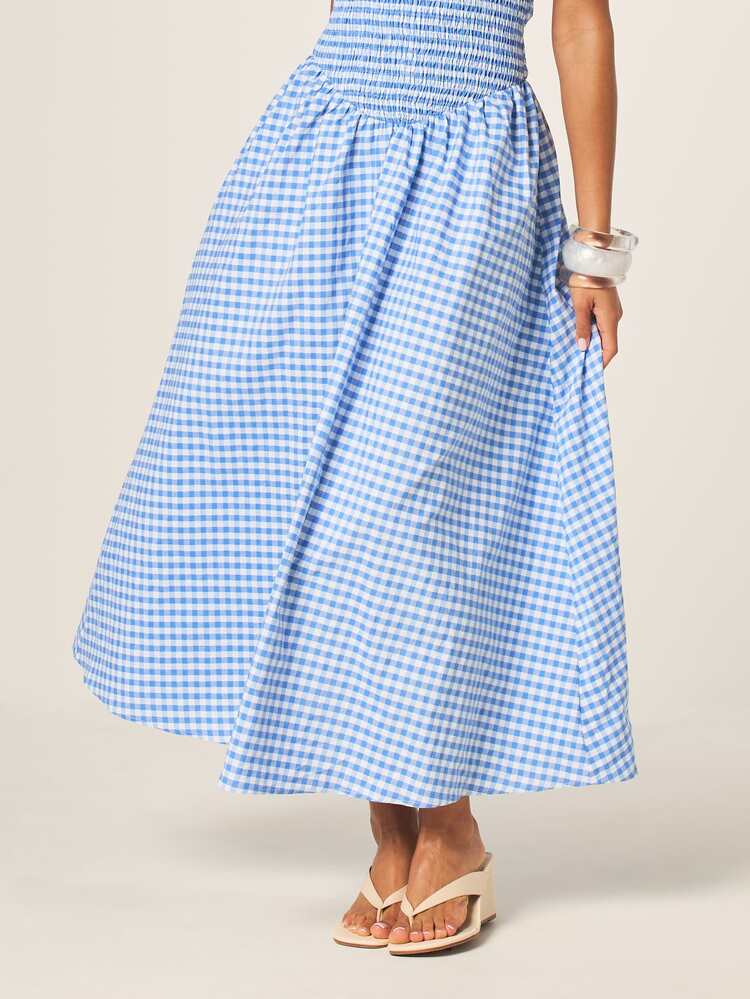 MISSGUIDED Strapless Blue Gingham Check Smocked Midaxi Dress With Side Pockets For Summer Casual Day Occasions