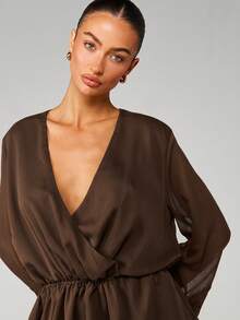 MISSGUIDED Deep V Wrap Mini Dress With Delicate Lace Trim And Wide Bell Sleeves For Date Night Evening Occasions - Camel - View 5