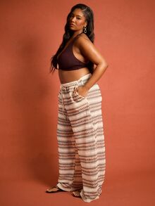 FASHION SZN Calça de Praia Casual de Crochê de Perna Larga Plus Size, Estilo Boho Ibiza para Férias de Verão, Roupa de Praia, Clube de Praia, Passeio Casual na Cidade, Festa, Ajuste Solto, Nova para Mulheres - Damasco - Visão 6