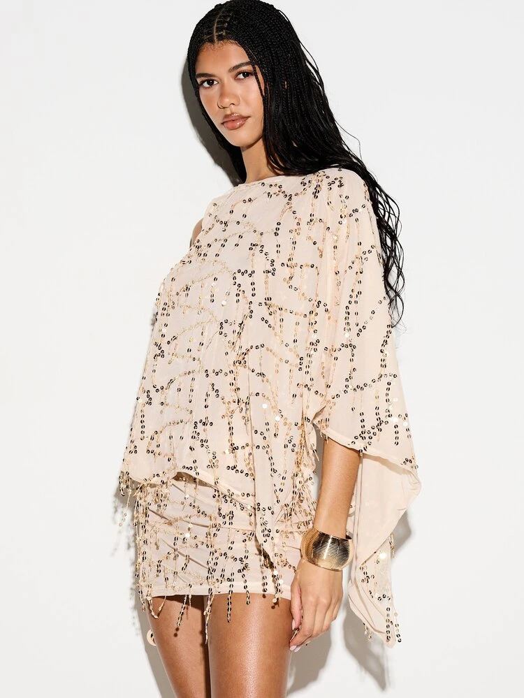 KIZN Sequin Cape Shoulder Mini Dress With Tassel Detail