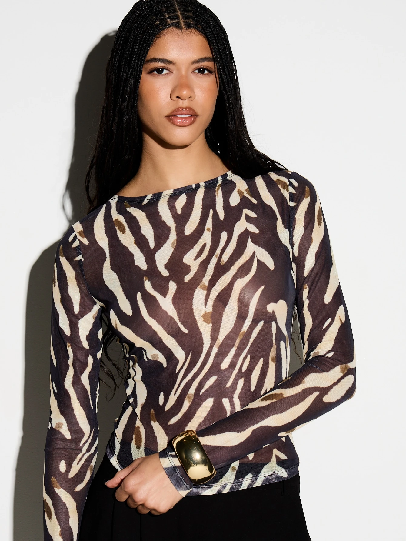 KIZN Zebra Print Long Sleeve Mesh Top