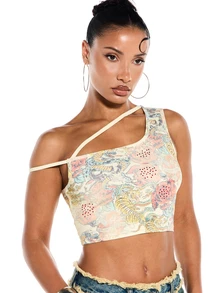 SUMWON WOMEN Áo croptop lệch vai in hoa phong cách retro với chi tiết khoét hở, lấy cảm hứng từ lễ hội mùa hè cổ điển. - Nhiều màu - Xem 4