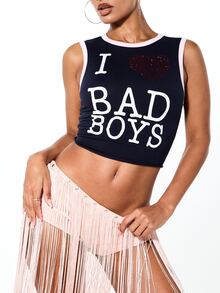 SUMWON WOMEN I Love Bad Boys Graphic Tank Top With Contrast Binding And Sequin Heart Details Crop Sleeveless Summer Statement Top - Navy Blue - View 4