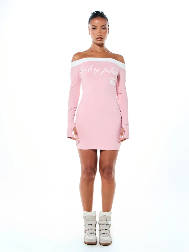 BABYPHAT Off Shoulder Long Sleeve Bodycon Mini Dress With Baby Pink Text Print And White Contrast Trim Detail