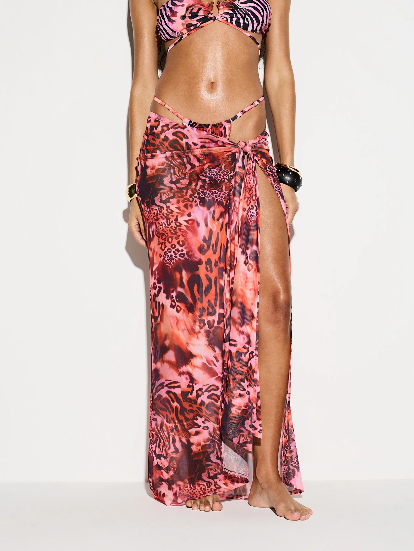 KIZN Mixed Animal Print Tie Side Maxi Skirt