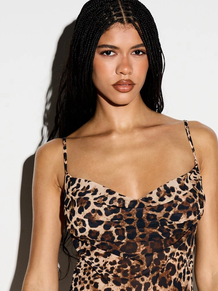 KIZN Leopard Print Cowl Neck Bodycon Mini Dress