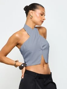 AiiRZ Dusty Blue Crossover Halter Top With Cutout Front Design And Sleeveless Style Night Out Summer Sexy - Blue - View 4