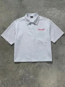 SUMWON Crop Fit Button Front Textured Stripe Collared Short Sleeve Seersucker Style Summer Shirt With Contrast Embroidery Detail - Blue and White - View 3