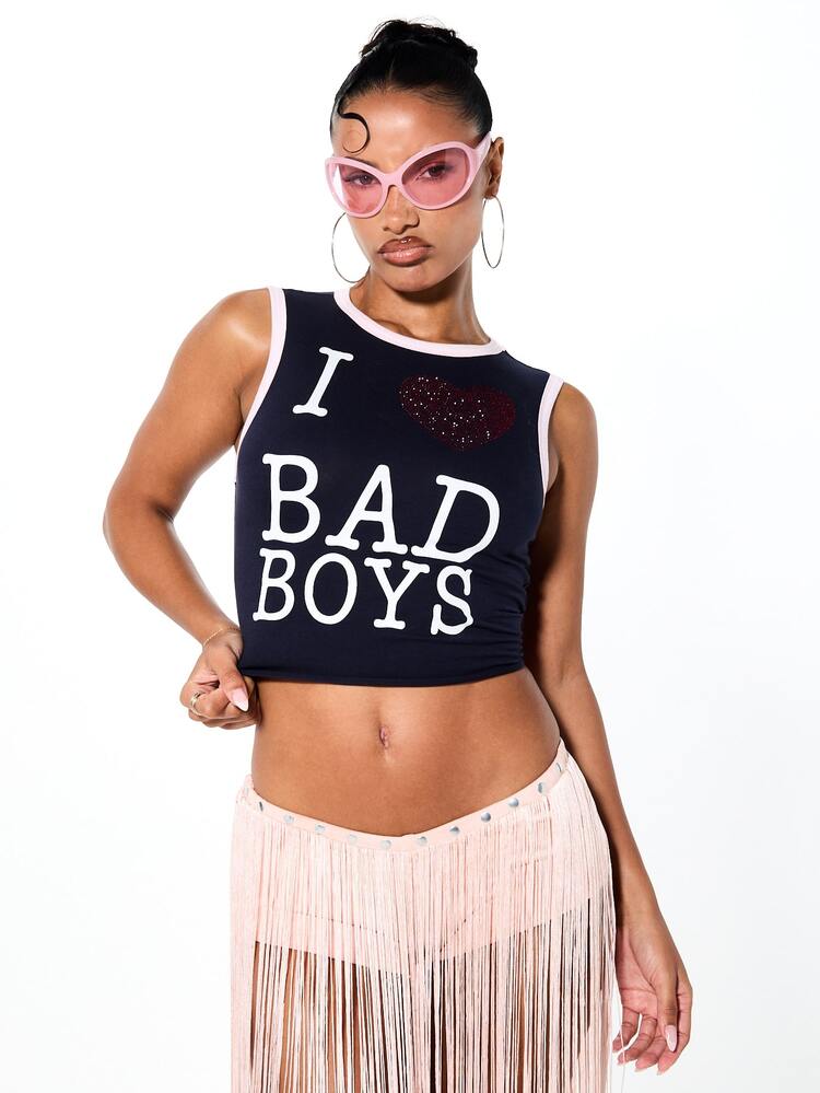 SUMWON Camiseta sin mangas estampada con ribete en contraste y corazón de lentejuelas