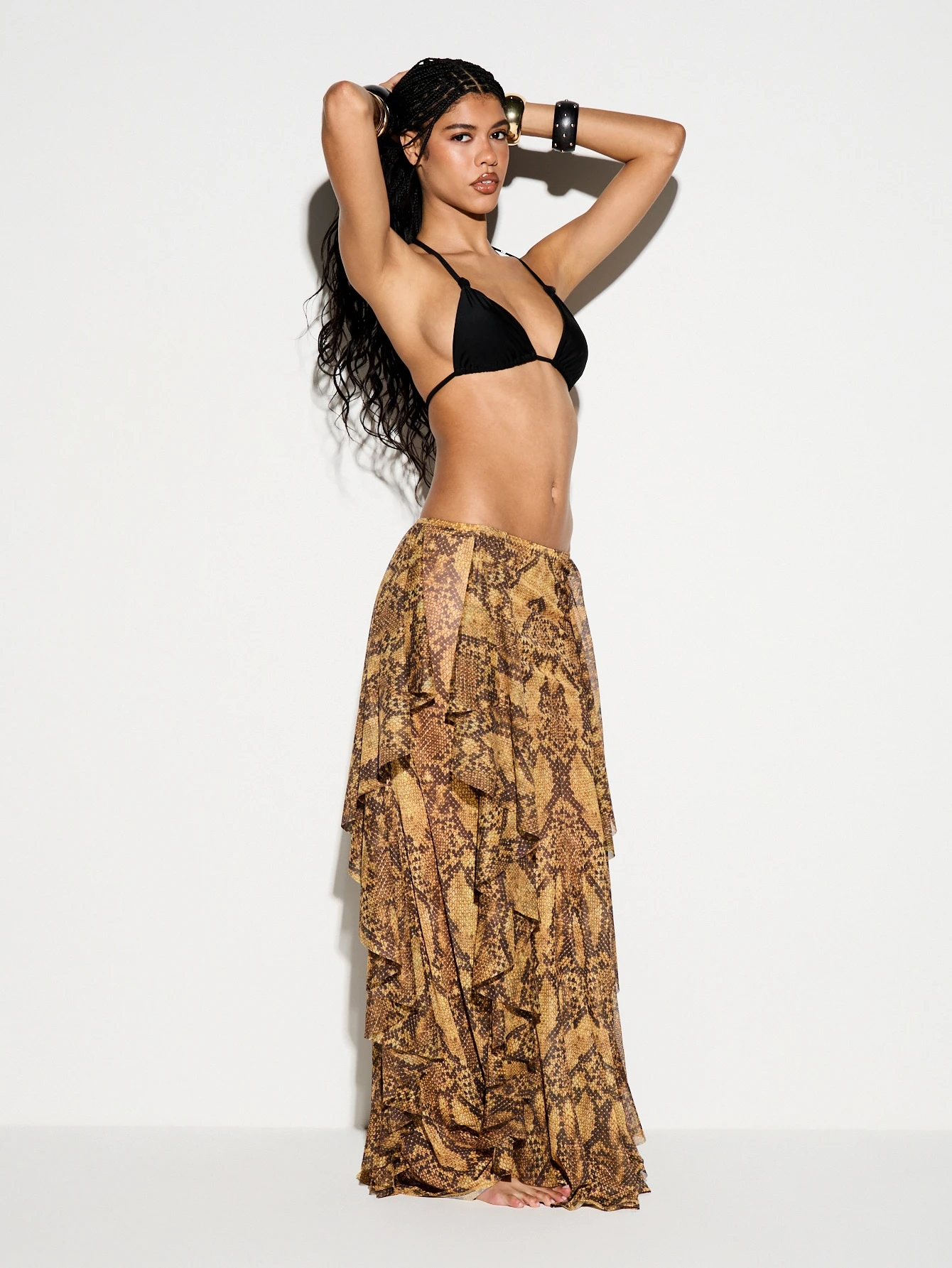 KIZN Snake Print Tiered Ruffle Maxi Skirt