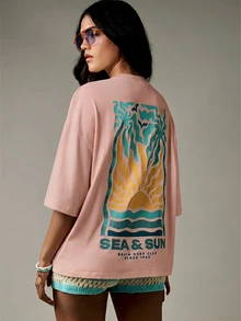 MISSGUIDED 超大款印花T恤，海洋与阳光沙滩冲浪俱乐部复古风休闲夏季上衣，背面印花 - 粉色 - 查看 5