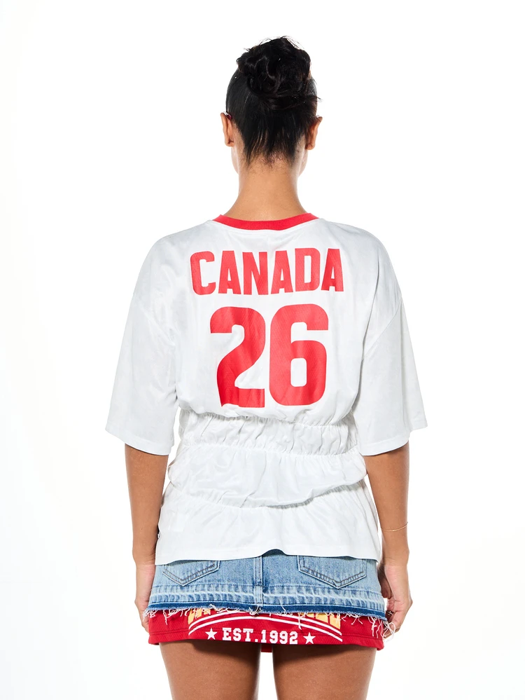 SUMWON WOMEN Ruched Canada Number 26 Football Top With Contrast Red Collar