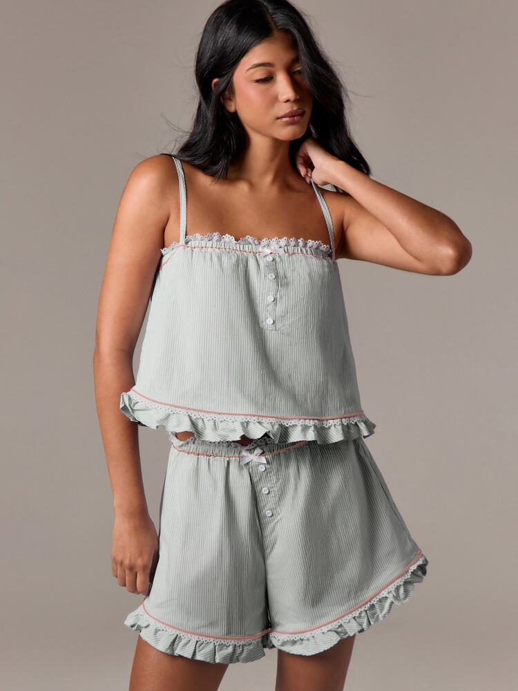 Striped Camisole With Lace Trim And Ruffle Hem