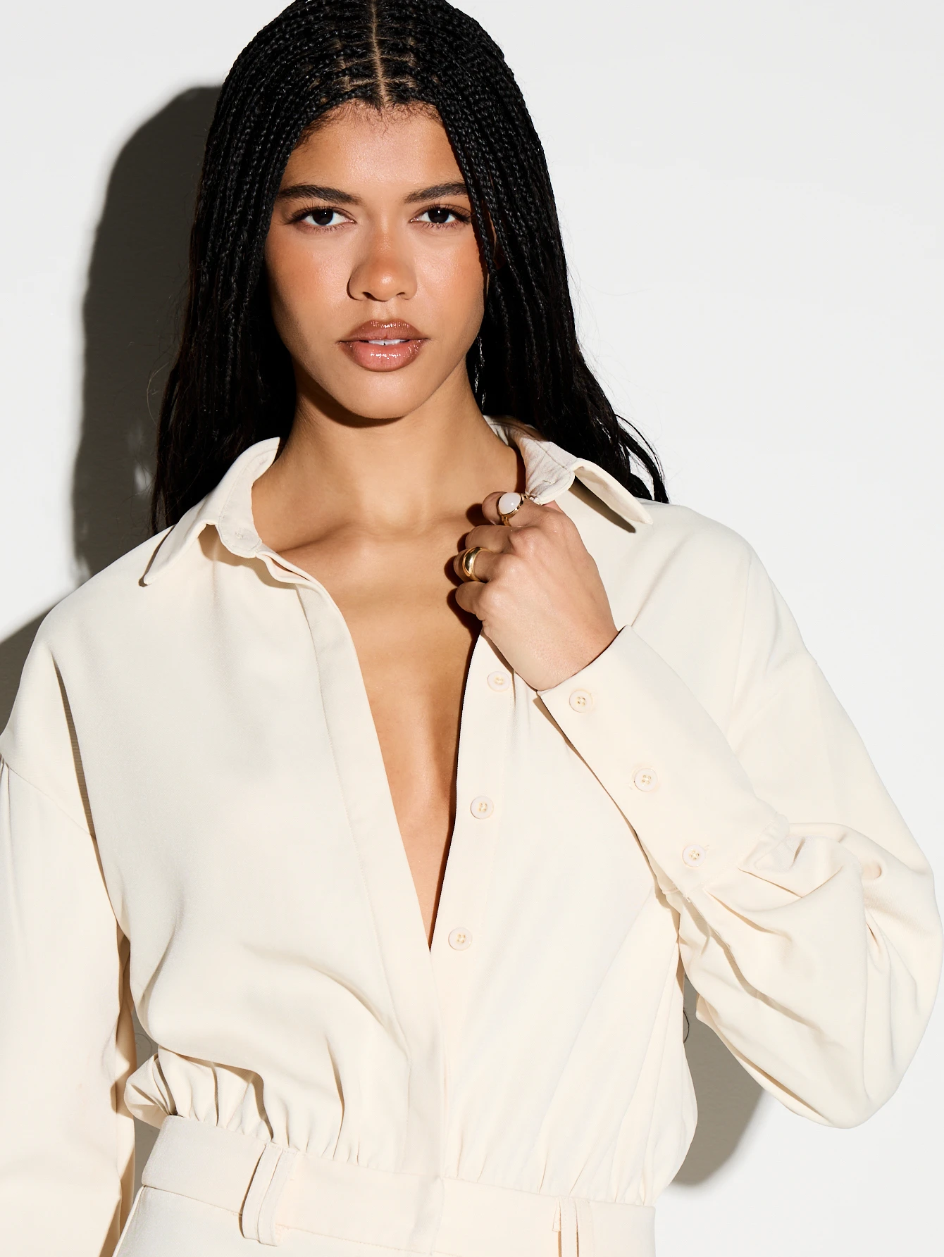 KIZN Plunge Front Shirt Playsuit With Belt