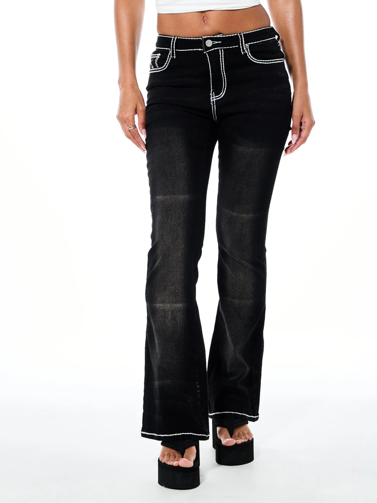 BABYPHAT Jeans de moda casual con inspiración vintage, de tiro alto, de pierna acampanada, con costuras de contraste, de longitud completa y diseño clásico de cinco bolsillos con detalles de pespuntes blancos