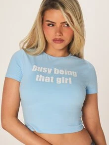 MISSGUIDED Busy Being That Girl Tee Short Sleeve Graphic Print Crop Top Summer Casual Statement Shirt - Blue - View 5