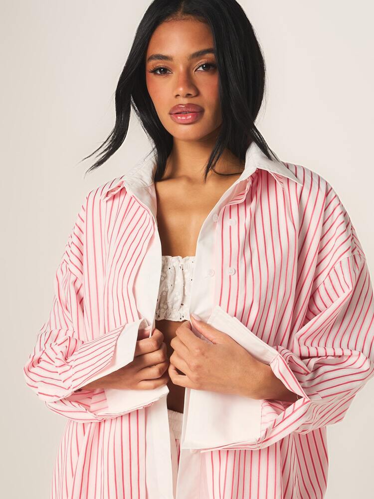 MISSGUIDED Contrast Striped Double Collar Shirt And Wide Leg Pants Set Loungewear Pajama Style Two Piece Outfit With Belt Tie Detail