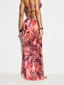 KIZN Chân váy maxi dài buộc dây bên hông họa tiết động vật phối hợp, kiểu sarong, thích hợp cho kỳ nghỉ hè, phong cách boho và lễ hội. - Màu Hồng  Dưa hấu - Xem 3
