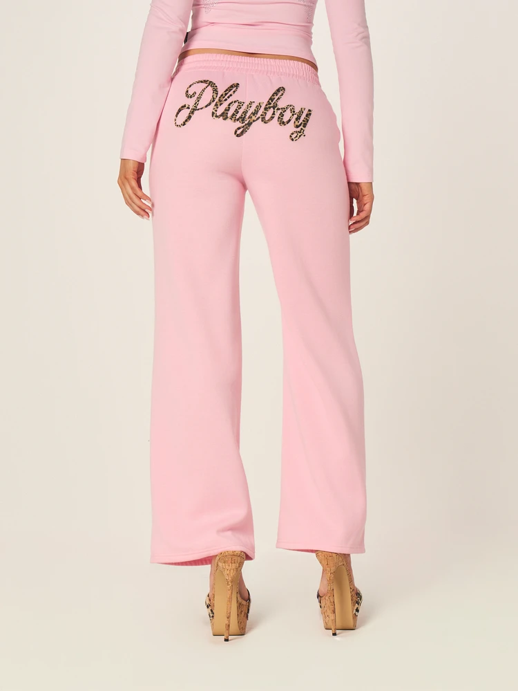 Missguided x Playboy Wide Leg Jogger Sweatpants With Leopard Print Logo And Drawstring Waist For Casual Comfort