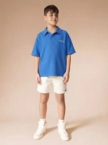 SUMWON 男童纹理 Polo 衫休闲夏季套装，搭配同款短裤，是学校假期活动和周末探险的理想之选。 - 藍色 - 查看 4