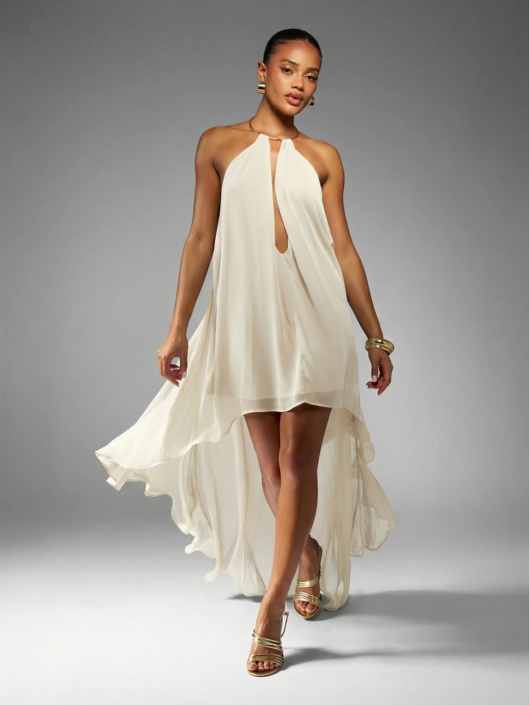 MISSGUIDED Halter Neck Asymmetrical High Low Hem Crinkle Chiffon Evening Maxi Dress With Keyhole Front Cut Out