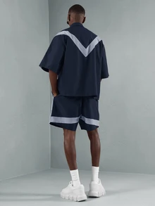 SUMWON Cut And Sew Pattern Relaxed Boxy Collared Zip Front Short Sleeve Jacket With Matching Drawstring Side Striped Shorts - Navy Blue - View 2