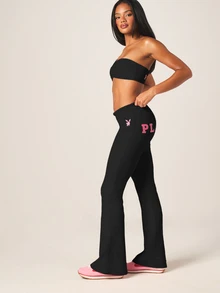 Missguided x Playboy Asymmetric One Shoulder Active Set With Bandeau Top And Flare Leggings For Yoga Pilates Fitness - Black - View 5