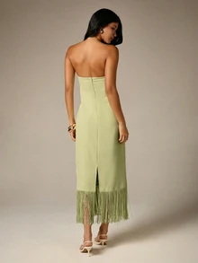 AiiRZ Strapless Fringed Midi Length Party Dress With Tassel Hem Detail Spring Summer Evening Formal Occasion Wedding Guest - Lime Green - View 3