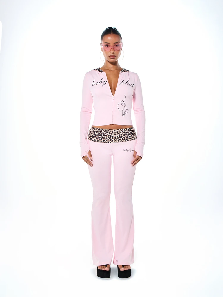 BABYPHAT Pink Zip Up Hoodie With Leopard Print Hood And Text Graphic Long Sleeve Crop Top Jersey Style