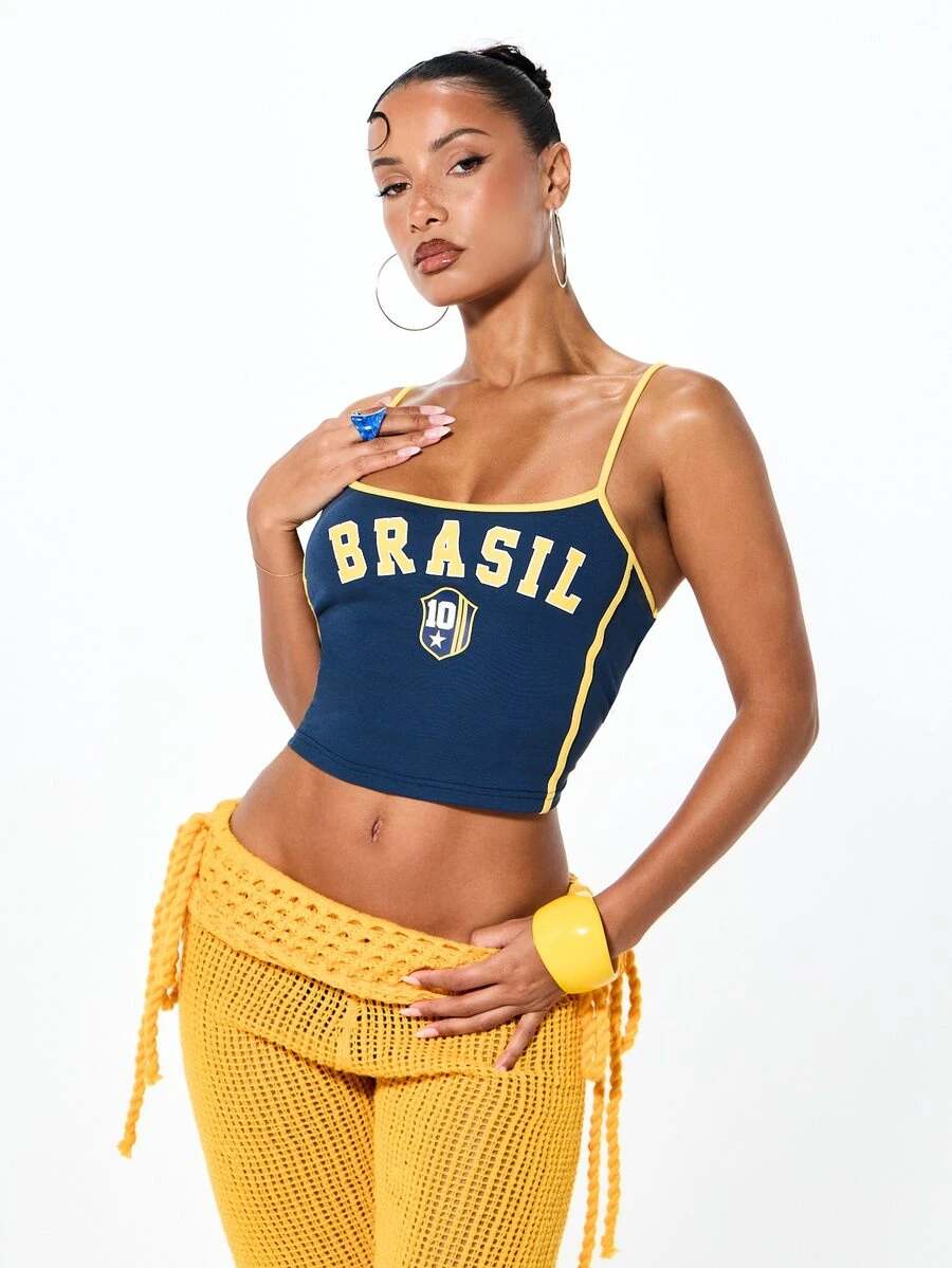 SUMWON WOMEN Áo hai dây màu xanh hải quân lấy cảm hứng từ World Cup Brazil, với dây đeo màu vàng tương phản và họa tiết logo. - Màu xanh lam - Xem 1