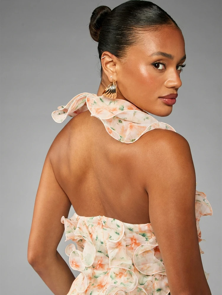 MISSGUIDED Floral Frill Halterneck Mini Dress Ruffled Chiffon Summer Party Backless Graduation Homecoming Special Occasion Feminine