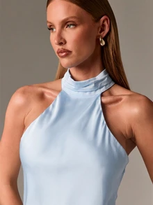 AiiRZ Elegant Halter Neck Satin Floor Length Evening Gown Formal Party Sleeveless Backless Design Wedding Guest Prom - Blue - View 4