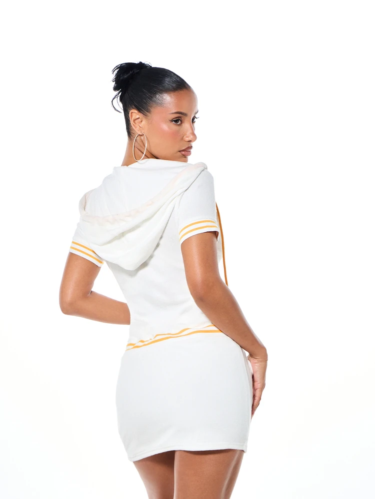 BABYPHAT Hooded Zip Up Mini Dress With Short Sleeves Orange Striped Detailing Towelling Texture Casual Summer Spring Loungewear Comfort