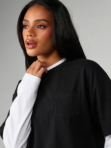 MISSGUIDED Double Layer Oversized Relaxed Fit Crew Neck Cotton Blend Casual Fall Winter Layered Long Sleeve Pullover T-Shirt - Black - View 4