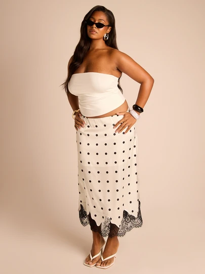 FASHION SZN Chân váy midi satin chấm bi viền ren dành cho nữ cỡ lớn, thanh lịch, sang trọng, gợi cảm, thích hợp cho du lịch, nghỉ lễ, dự tiệc cưới, tiệc tùng.