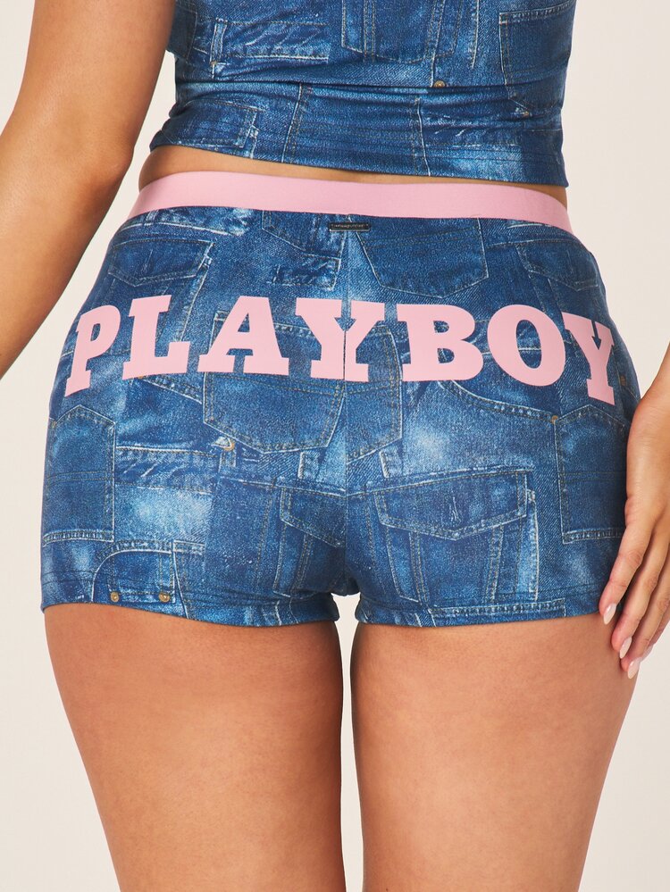 Missguided x Playboy Bunny Denim Print Cami And Booty Shorts Two Piece Co-Ord Set With Pink Contrast Trim Detail , Fourth Of July