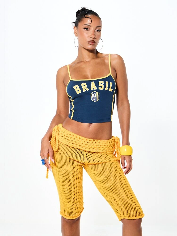 SUMWON WOMEN Crochet Fold Over Tie Side Capri Pants With Open Knit Texture And Elastic Waistband For Summer Beach Casual Wear