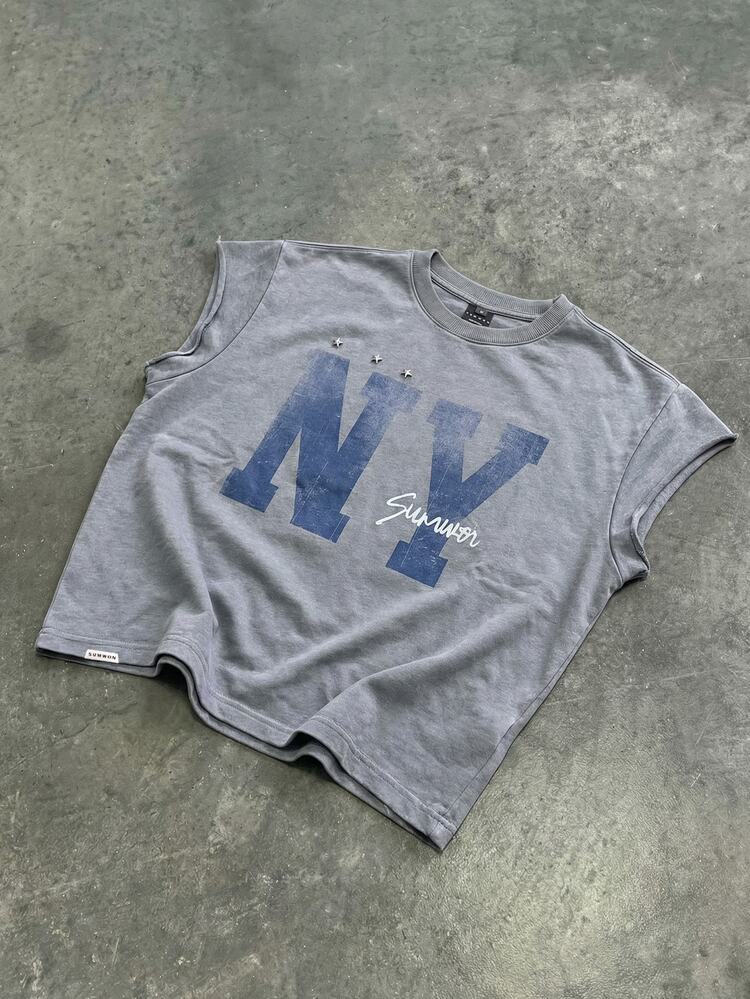 Crop Fit Tank Top With NYC Summer Print Distressed Details Sleeveless Graphic Tee Casual Streetwear