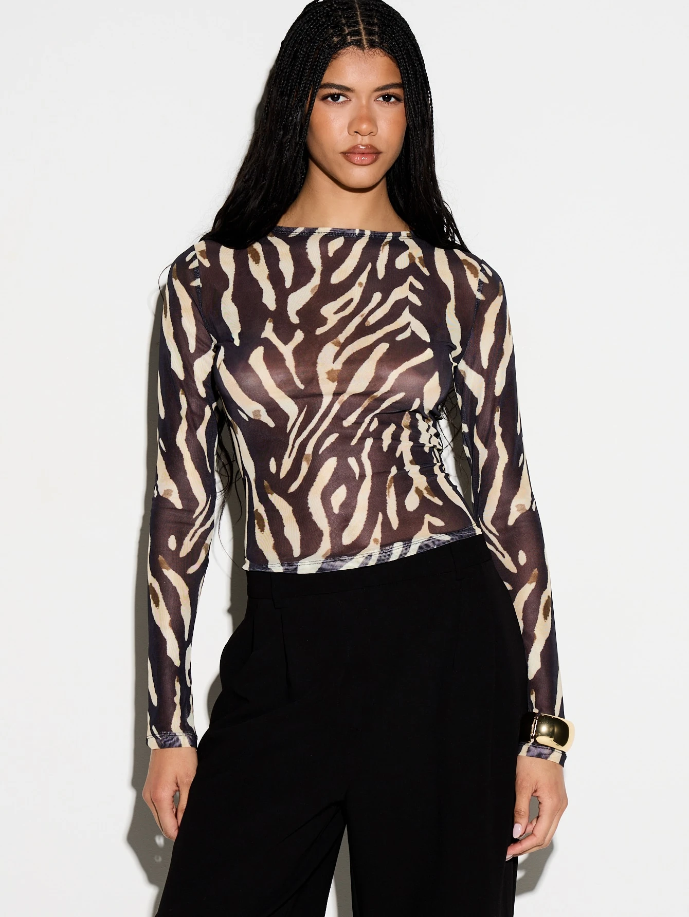 KIZN Zebra Print Long Sleeve Mesh Top