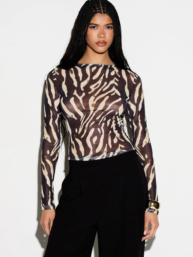 KIZN Zebra Print Long Sleeve Mesh Top