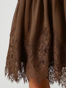MISSGUIDED Deep V Wrap Mini Dress With Delicate Lace Trim And Wide Bell Sleeves For Date Night Evening Occasions - Camel - View 4