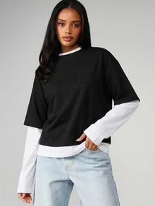 MISSGUIDED Double Layer Oversized Relaxed Fit Crew Neck Cotton Blend Casual Fall Winter Layered Long Sleeve Pullover T-Shirt - Black - View 6