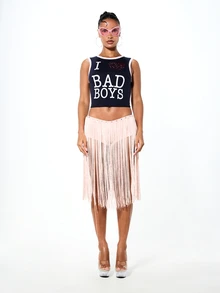 SUMWON WOMEN I Love Bad Boys Graphic Tank Top With Contrast Binding And Sequin Heart Details Crop Sleeveless Summer Statement Top - Navy Blue - View 5