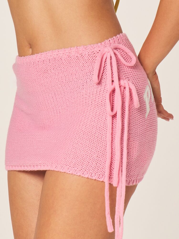 Missguided x Playboy Pink Crochet Mini Skirt With Side Tie Details Logo Print Beach Summer Festival Ruched Bodycon