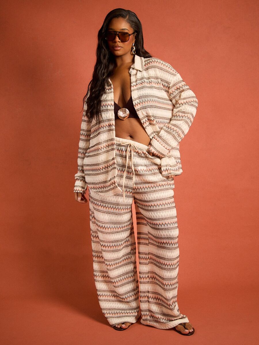 FASHION SZN Calça de Praia Casual de Crochê de Perna Larga Plus Size, Estilo Boho Ibiza para Férias de Verão, Roupa de Praia, Clube de Praia, Passeio Casual na Cidade, Festa, Ajuste Solto, Nova para Mulheres - Damasco - Visão 1