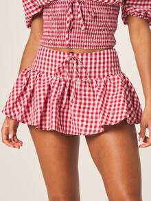 MISSGUIDED Red White Gingham Mini Skirt With High Waist Drawstring Ruffle Hem Summer Flirty Cottage Core Picnic Style Vacation Beach - Red and White - View 1