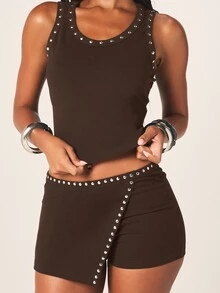 MISSGUIDED Studded Mini Skort High Waisted Festival Edgy Club Wear Asymmetrical Wrap Short - Brown - View 4