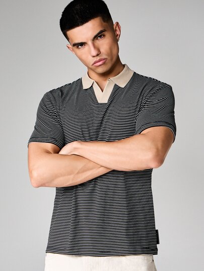SUMWON Smart Striped Polo Shirt With Contrast Collar Short Sleeve Classic Fit Business Casual Summer Top Regular Length Horizontal Stripes