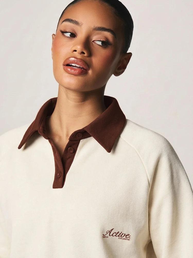 MISSGUIDED Contrast Collar Rugby Pullover Sweatshirt With Long Sleeves And Embroidered Logo For Casual Everyday Wear